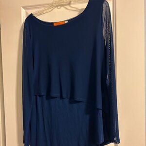 One A Women's Navy Top, 2 Layers, Sheer Sleeves, Large